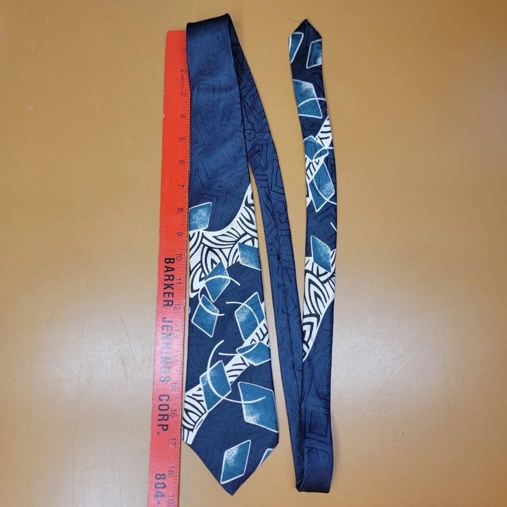 Je Suis Mens‎ Silk Tie Navy Blue Teal Geometric Abstract Hand Sewn 4 Inch Wide